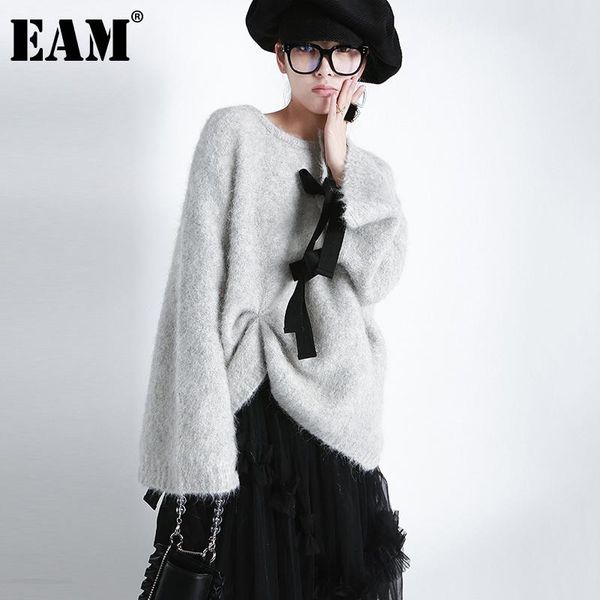 

eam] bow decoration big size knitting sweater loose o-neck long sleeve women pullovers new fashion autumn winter 2021 1dd3476, White;black