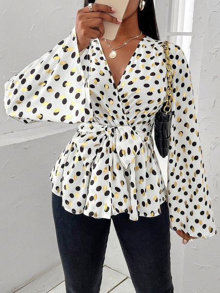

surplice front polka dot belted blouse j7ca#, White