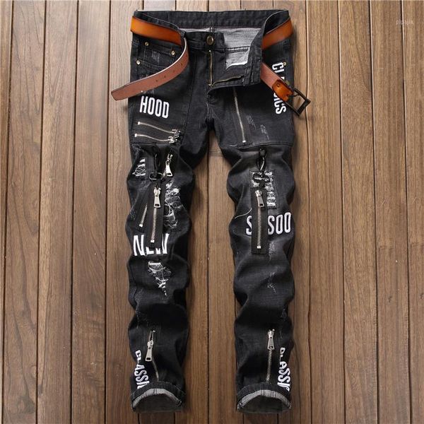 

new trendy mens moto jeans ripped pantalones hip hop streetwear biker moto patchwork badges side zipper stretch pencil pants men1, Blue