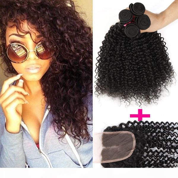 

remy brazilian curly virgin human hair weaves with closure 3pc hair weft+1pc lace closure 4x4 lace closure with 3bundle deep curly wave, Black