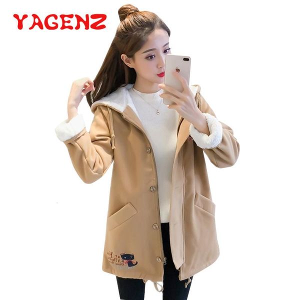 

yagenz long wool coat women plus size plush hooded woolen coat double pocket woolen coats overcoat autumn cashmere outerwear 413, Black
