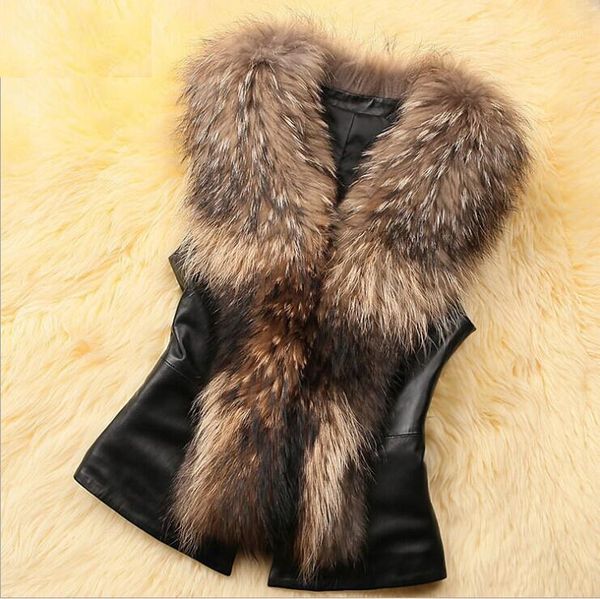

women's fur & faux s-xxxl black brown big collar women sleevelss fringe vest leather patchwork slim short back bow gilet j521