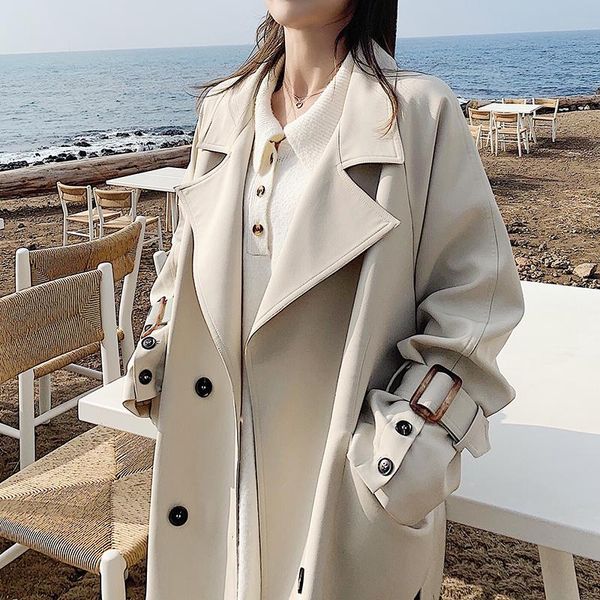 

women's trench coats autumn winter korean leisure solid double breasted casual long female outwear women, Tan;black