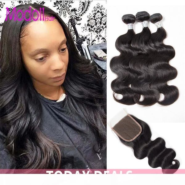 

brazilian body wave bundles with closure 4*4 lace closure brazilian unprocessed virgin hair weave 4 bundles with closure human remy hair, Black;brown