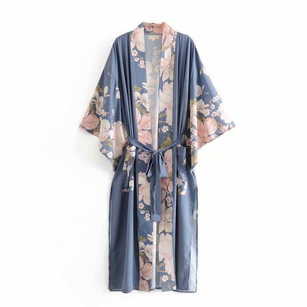 

floral print sashes women bohemian v neck batwing sleeves ladies blouses happie maxi kimono robe1, Black;red