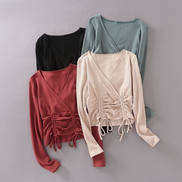 

wcq1d t100-19 fit t-shirt slim korean winter v-neck hem drawstring stripe up long sleeve pit lace t-shirt zb9m4, White