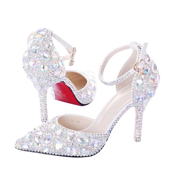 

summer hollow rhinestone bridal shoes white super high heel stiletto crystal sandals word wristband dress wedding shoes women, Black