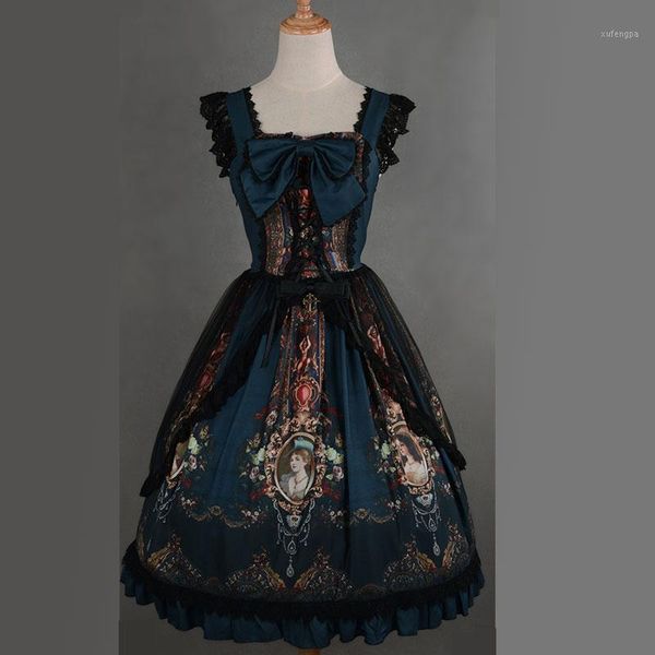 

soufflesong exclusive design lolita dress "the rococo world" printed vintage lolita jsk with lace overcoat1, Black;gray