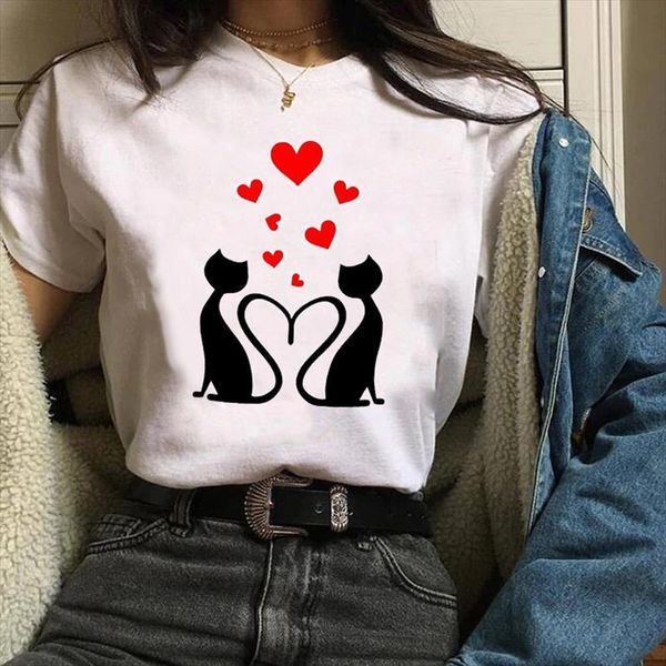 

women printing print graphic cat love valentine 90s fashion cartoon clothes lady tees female t shirt womens t shirt, White
