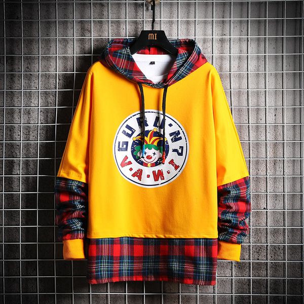 

men's hoodies men 2020 autumn plaid patchwork funny harajuku japanese streetwear yellow hoodie men sweatshirt male, Black