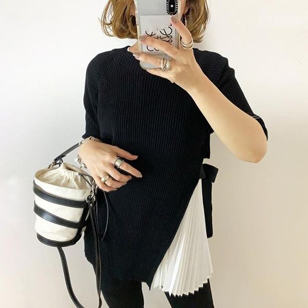 

2020 трикотажные футболки для женщин цвет блок asymmetric casual женский свитер осень японский стиль дважды layer пуловер chic tops, White;black