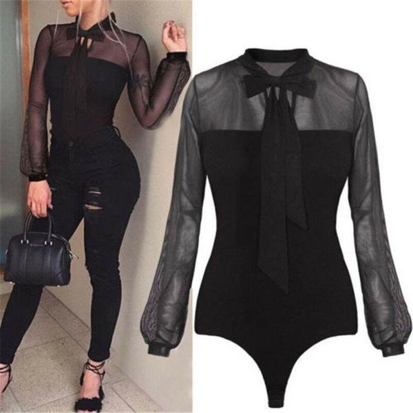 

fashion women bandage tight bodysuit elegant stretch leotard long sleeve body t shirt romper party club streetwear, Black;white