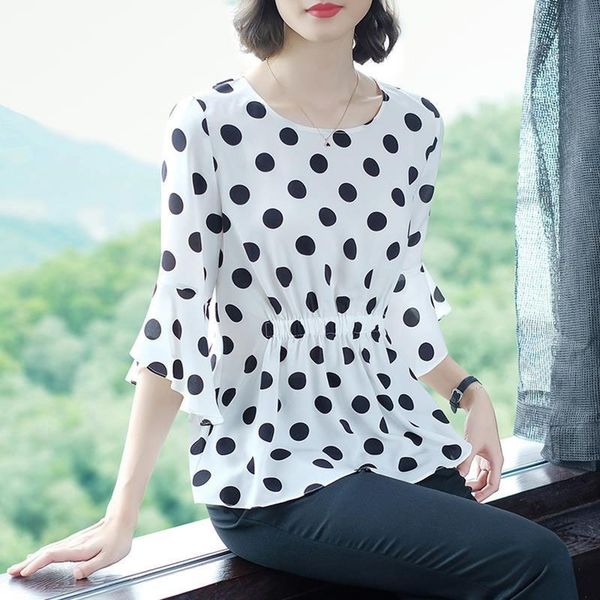 

women casual summer style chiffon blouses shirts lady half flare sleeve o-neck polka dot printed blusas df2820 y200622, White