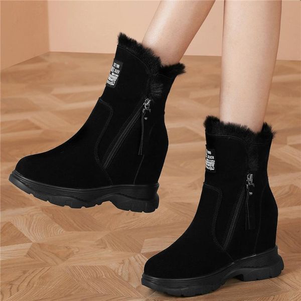 

winter punk sneakers women black genuine leather high heel ankle boots female high warm fur round toe platform pumps shoes