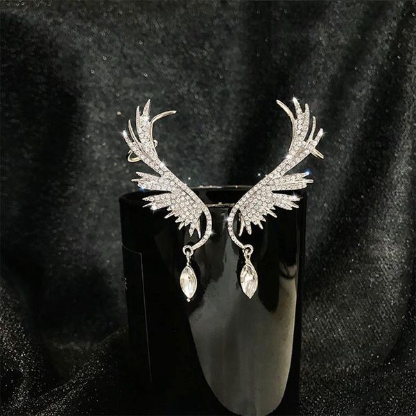 

fyuan fashion full rhinestone wing clip drop earrings for women bijoux shiny water drop crystal dangle earrings jewelry gifts, Silver