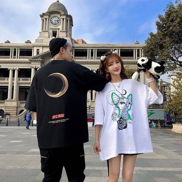 

half sleeve tiktok clothes streetwear graphic t shirts kpop print hip hop womens clothing women 2020 summer couple tshirt1, White