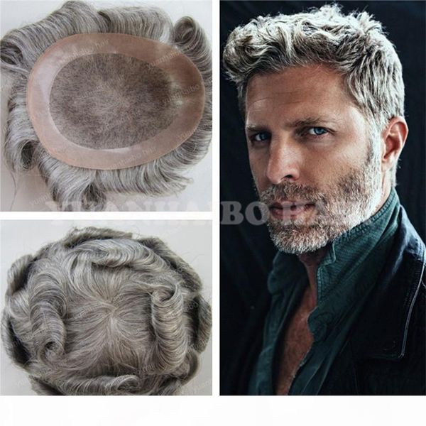

loose wave remy hair brazilian lace with pu gray toupee for men ing, Black
