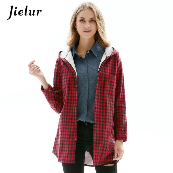 

winter europe fleece women's shirt fashion hooded red plaid shirts plus size -3xl casual long-sleeved warm blusas, White