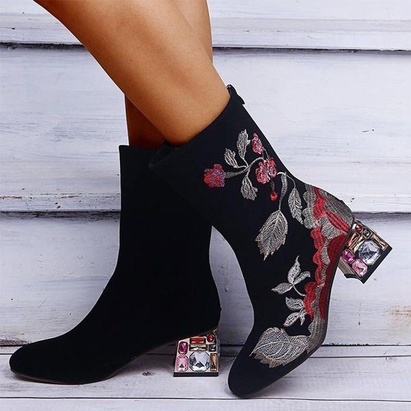 

women boots woman embroidery mild-calf boots autumn fashion ladies zip shoes women's plus size 35-43 female crystal high heels1, Black