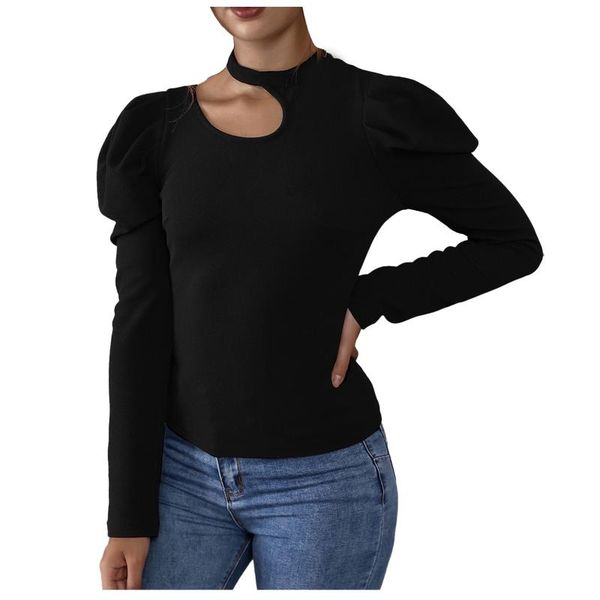 

harajuku shirts for women fashion black soild o-neck hollow slim long-sleeved pleated blusas mujer de moda 2021, White