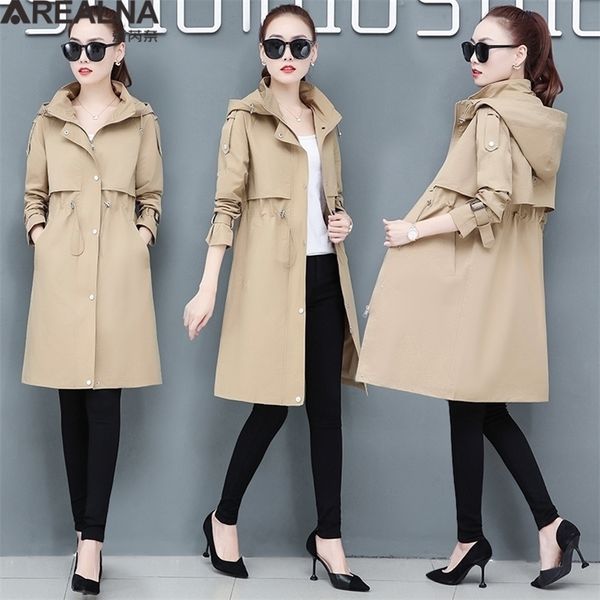 Mulheres Outono Manga Longa Casaco Long Trench Coat Feminino Bolso Cardigan Hooded Windbreaker Manteau Femme Hiver Overcoat LJ200903