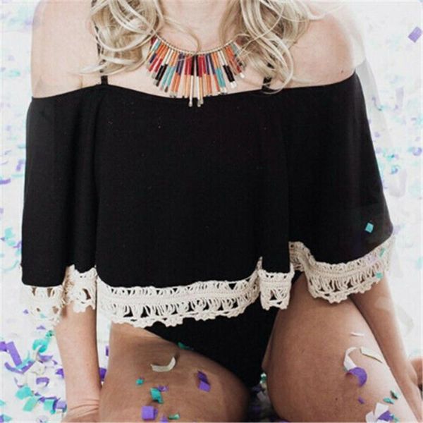 

trendy women clothes off shoulder ruffle polyester strap casual bodysuit sleeveless lace slim one pieces, Black;white