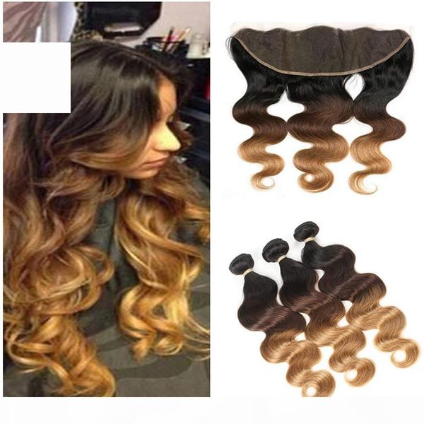 

brazilian body wave bundles with frontal remy 1b 4 27 3 tone ombre human hair weave bundles dark roots closure with baby hair, Black;brown