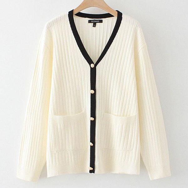

women's knits & tees autumn sweater v neck contrast color single breasted two pocket cardigan woman oversize 2021, White