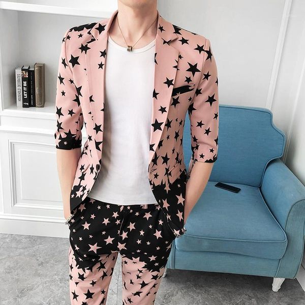 

men's suits & blazers blazer+pants 2021 autumn men's suit groom wedding dress plaid star print formal 2 pcs set men casual suit1, White;black