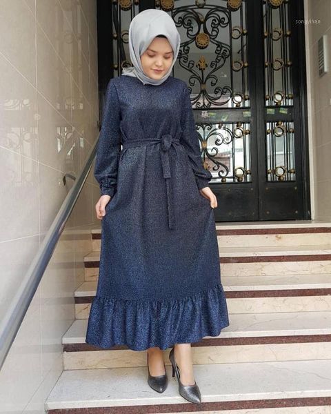 

glittering stretchy long knitting dress women long sleeves ruffles maxi dress muslim ladies modest wear dubai turkey ramadan1, Red