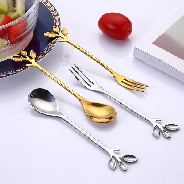 

creative leaf shape handle coffee spoon teaspoon dessert snack scoop fork couple spoon fork kitchen accessories tableware h jllugg