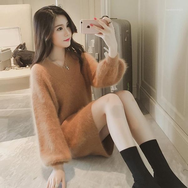 

women's sweaters women long sweater v neck full sleeve solid color thick knitwear loose soft warm female jumper1, White;black