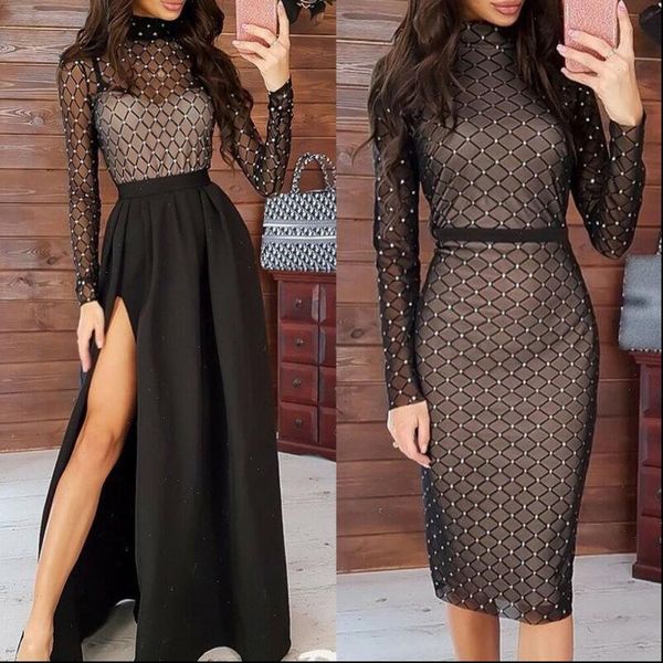 

women fashion bodycon mesh long sleeve drilling dress 2021 spring ladies evening party club turtleneck slit midi dress, Black;gray