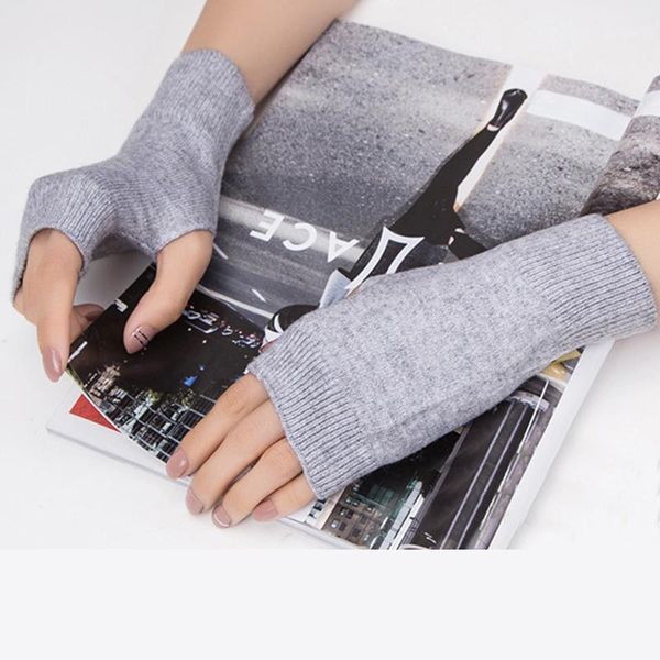 

five fingers gloves winter fingerless women knitted solid color stretch half finger warm fashion comfortable female mittens1, Blue;gray