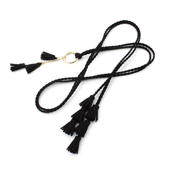 

women fashion braided belt tassel ladies girls waistbands weaving knot decorated waist rope knit belts cummerbund dress punk, Black;brown