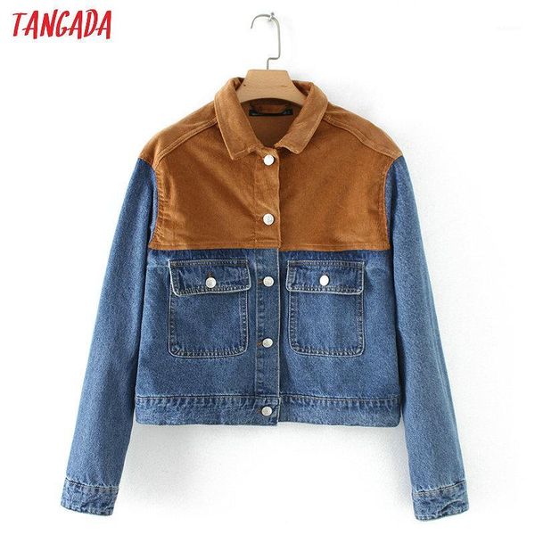 

tangada fashion women corduroy patchwork jacket coat pockets oversized denim jacket lady design outerwear yd1761, Black;brown