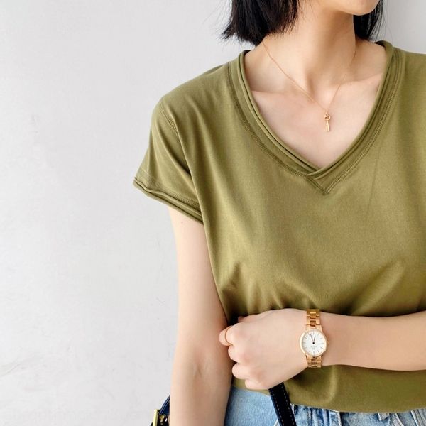 

uomcl cotton v-neck short sleeve women students casual loose frfeu solid v-neck with t-shirt cotton coat t-shirt summer color, White