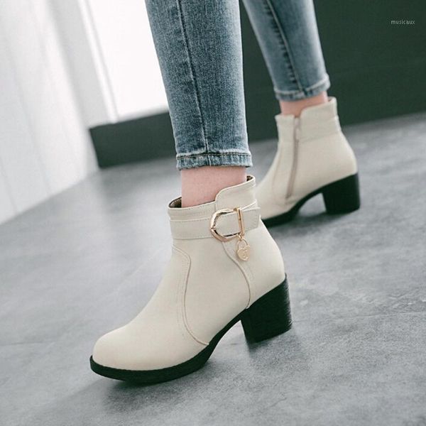 

women's boots retro leather bruckle strap round toe shoes casual large size leather waterproof high heel boots para women #51, Black