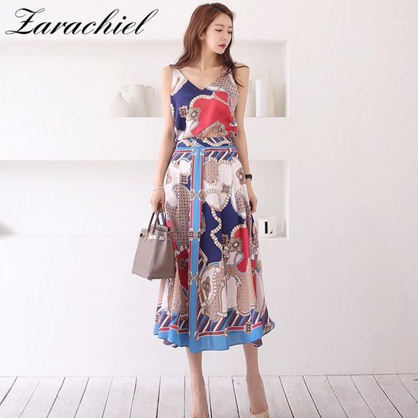 

two piece dress 2021 summer set women halter v neck spaghetti strap + long skirt satin silk fashion chains print suit1, White