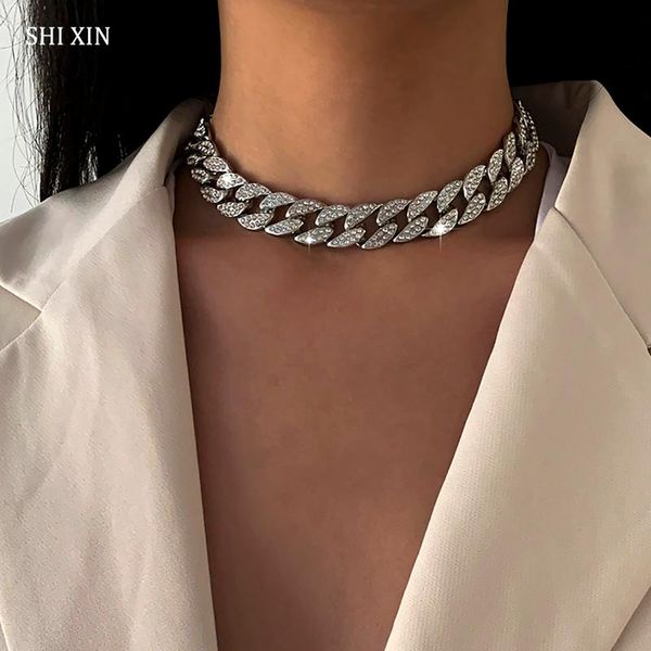

chokers shixin adjustable iced out chain necklace for women hip hop chunky rhinestone choker necklaces collar neck jewelry collier femme, Golden;silver