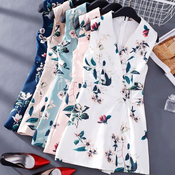 

fmfssom women floral print vest rompers new summer lady sleeveless turndown collar slim short rompers1, Black;white