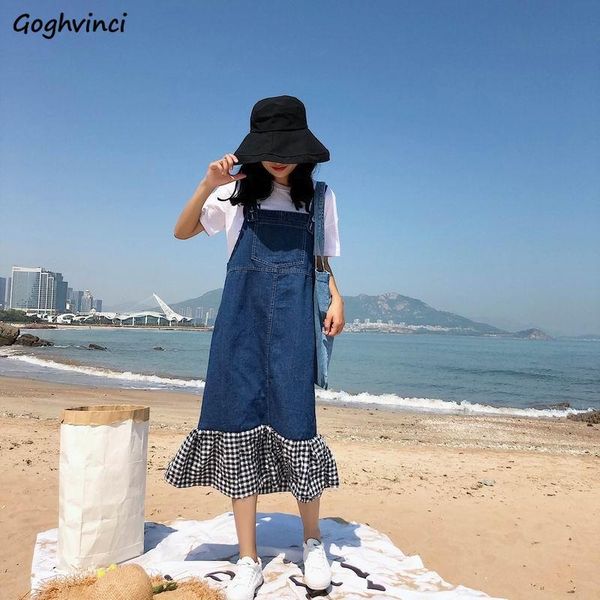 

casual dresses sleeveless dress women summer denim korean style ruffles simple all-match spaghetti strap leisure lovely patchwo, Black;gray