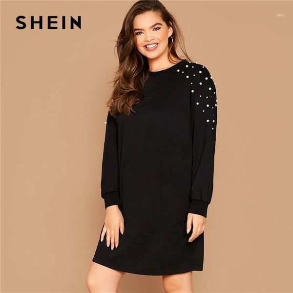 

shein plus size black pearl beaded sweatshirt casual dress women spring autumn round neck plus solid loose short dresses1, Black;gray