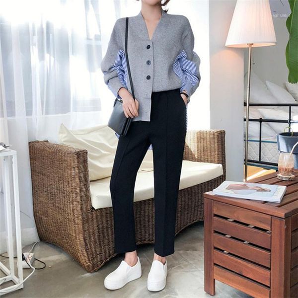 

2020 early spring new korean dongdaemun women's clothing fake two-piece stitching striped knitted cardigan mid-length plus size1, White