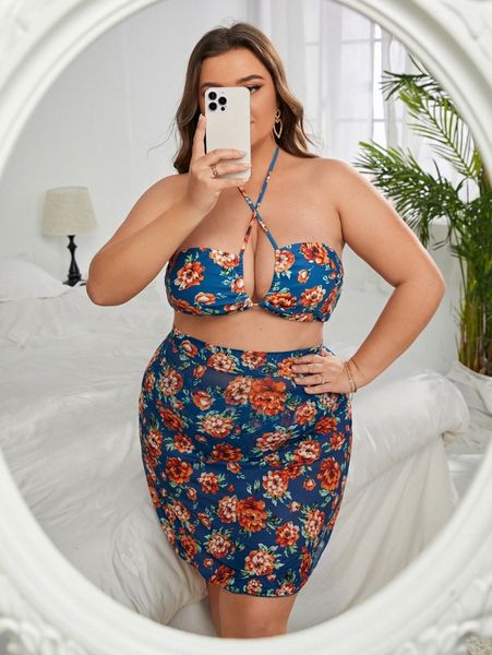 

plus floral criss cross halter bikini swimsuit with beach skirt d0c5#, Black
