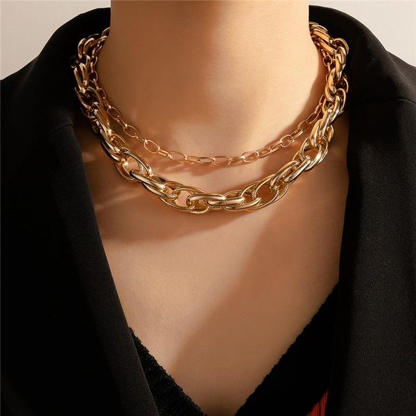 

huatang punk thick cuban chains choker necklace for women gold color double layer clavicle chain lady party jewelry on the neck, Golden;silver