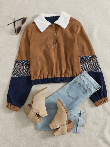 

contrast collar geo print corduroy sweatshirt 90ys#, White;black