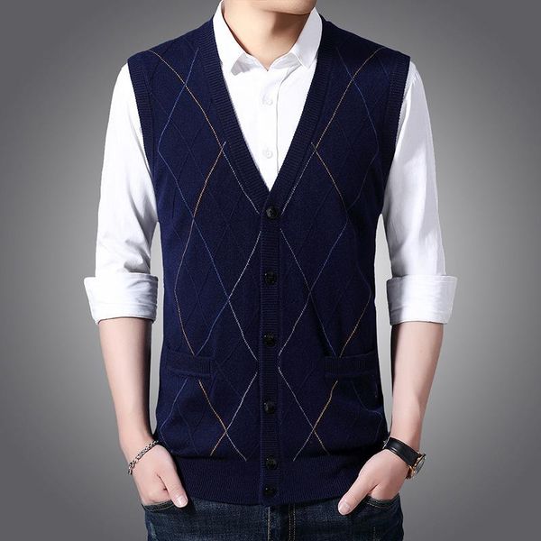 

men's vests sweater vest young men sleeveless pocket jersey hombre v-neck collar plaid cardigan chaleco knitted waistcoats male casual, Black;white