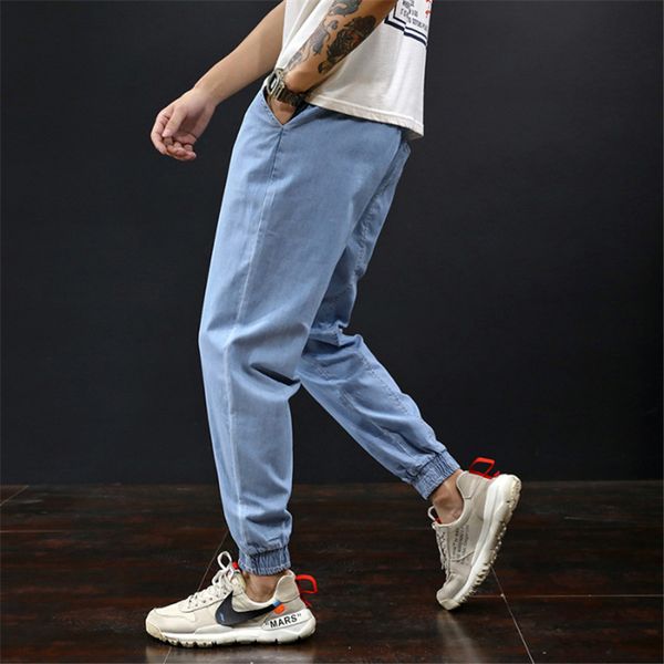 

plus size 40 42 44 2021 spring summer youth casual loose stitching jeans small feet light-colored harem pants men's waistband q0105, Black;white