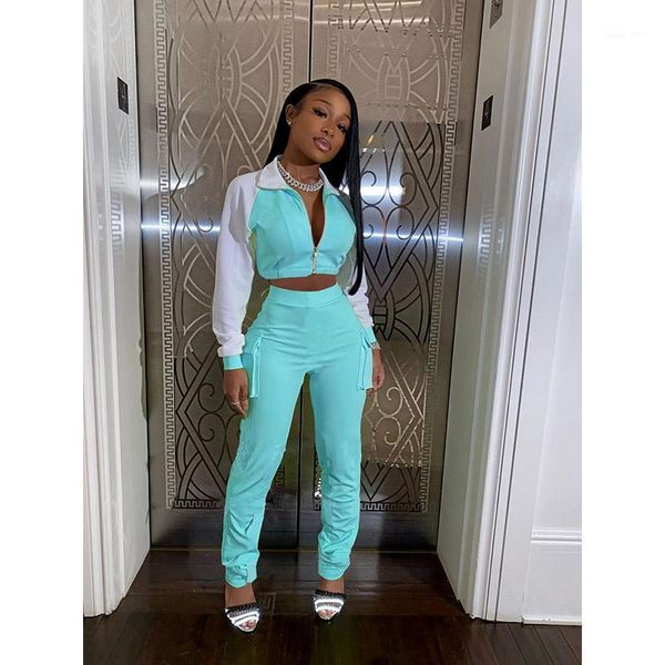 

casual women jacket set turn down collar coat + pants color patchwork with pocket autumn clothes for women1, Gray